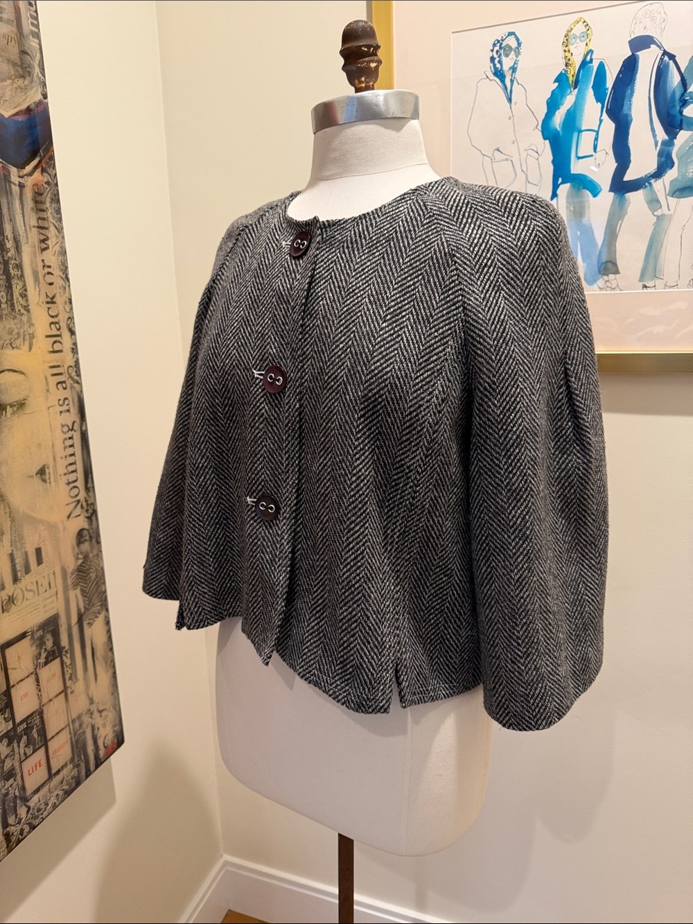 Bob Mackie Gray Herringbone Cropped Cape Jacket w/ Statement Buttons